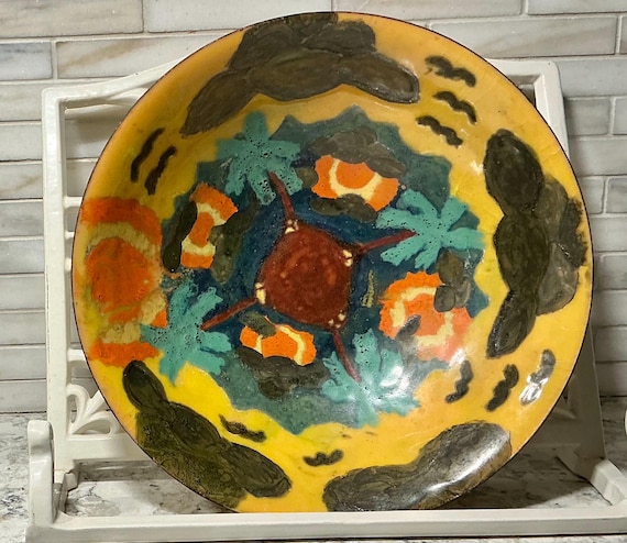 Hand-Painted Enamel on Copper Bowl-Bold Abstract Design - Vibrant Colors