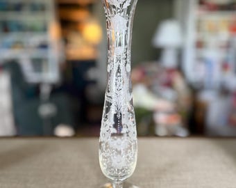 Vintage Etched Glass Vase | Floral Crystal Vase | Clear Bohemian Style Vase | Tall Glass Bud Vase | Elegant Cut Glass Home Decor