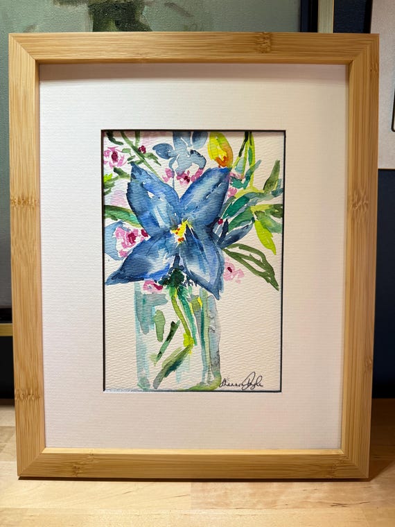 Original 5x7 Watercolor Floral Painting | Shannon Doyle Art | Framed 8x10 Bouquet in Vase | Bright Botanical Wall Decor