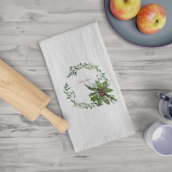 Tis The Season Christmas Holly and Ivy Dish Towel - Shannon Doyle Watercolor Design, Colorful Kitchen Decor, Hostess Gift