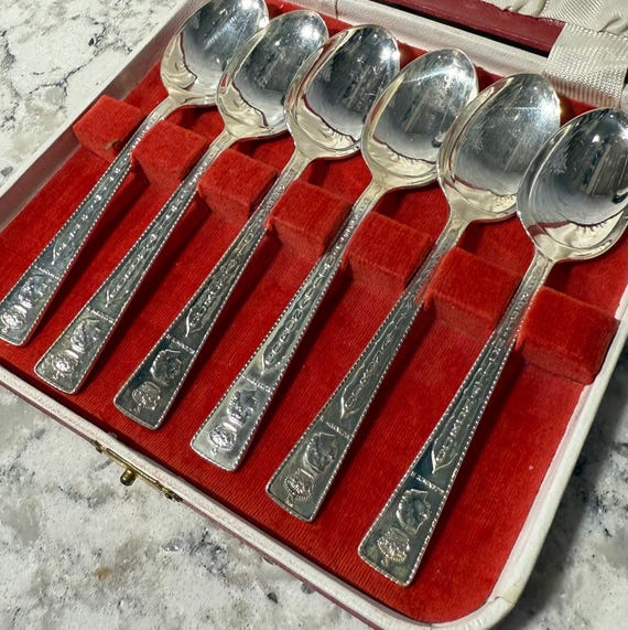 Royal 1953 Silver Plated Coronation Spoon Set by Sheffield Vintage Collectible in Red Velvet Case