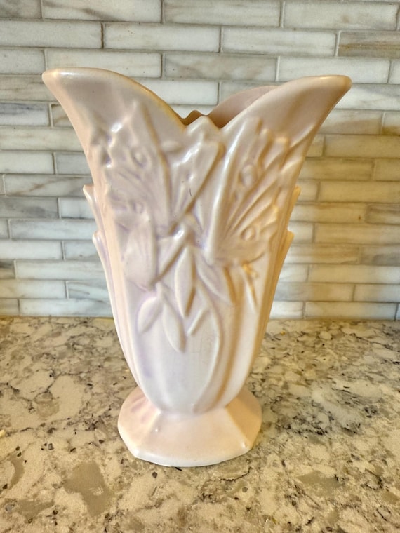 Roseville Pottery Pink Butterfly Vase – Vintage Art Deco Ceramic Floral Relief – Cottagecore Home Décor