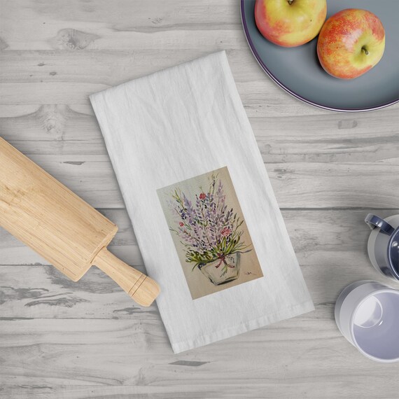 Rustic Lavender Kitchen Tea Towel - Watercolor Floral Design, Farmhouse Kitchen Decor, Hostess Gift