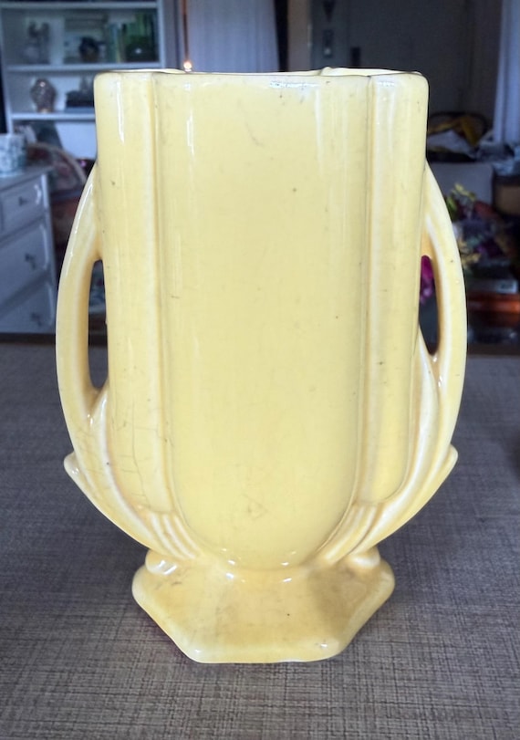Vintage McCoy Pottery Vase Butter Yellow Art Deco Floral Relief 7 Inch USA Ceramic