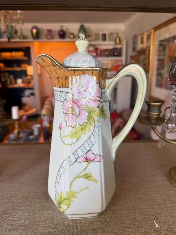 Antique Hand Painted Porcelain Chocolate Pot – Hexagonal Shape, Floral & Gold Moriage – Nippon Style