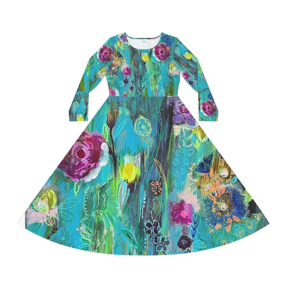 Vibrant Floral Long Sleeve Dance Dress | Vintage-Inspired, Bohemian Style, Perfect for Dancers and Events, Spring & Summer Celebrations