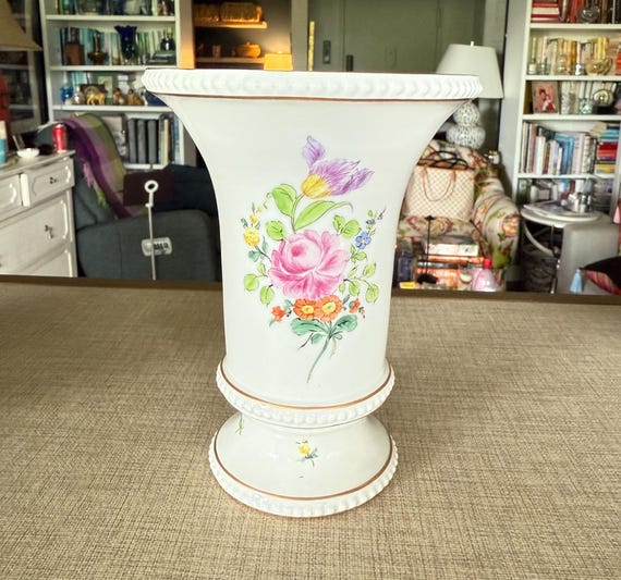 Vintage Dresden Germany Hand-Painted Porcelain Vase | Footed Pedestal Floral Vase | Marked 66 | Pink & Purple Flowers | European Fine China