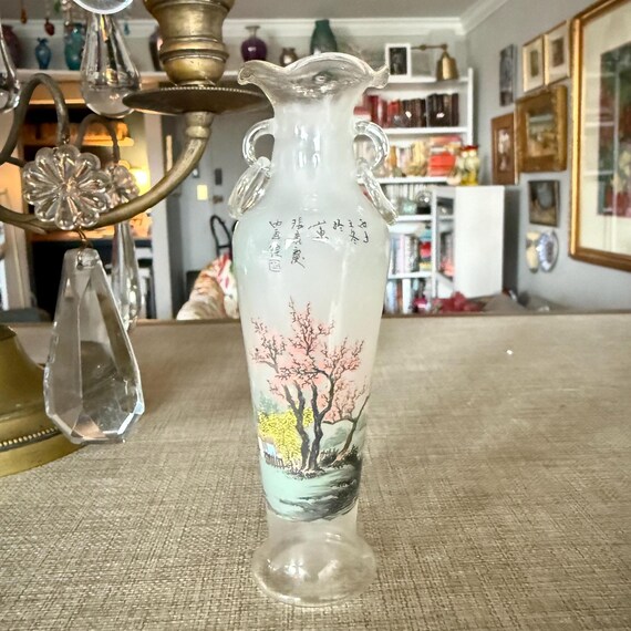 Mini Hand-Painted Frosted Glass Vase – Asian Landscape & Calligraphy – Vintage Miniature Art Glass with Handles