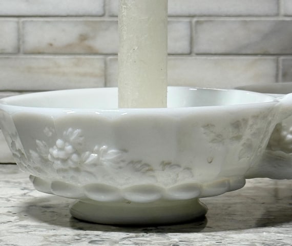 Vintage Milk Glass Candle Holders – Repurposed Floral Cup Taper Holders (Set of 2)