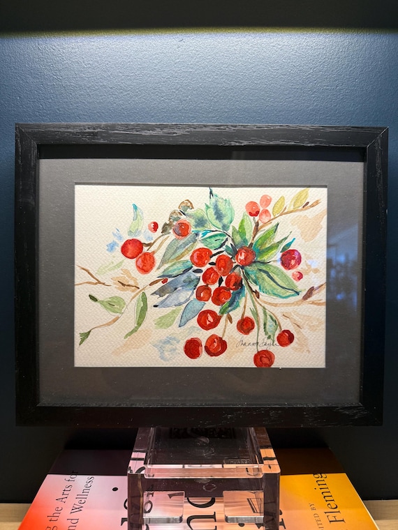 Original Cherries Watercolor| Shannon Doyle Art | Framed 8x10 Bouquet in Vase | Unusual Gift