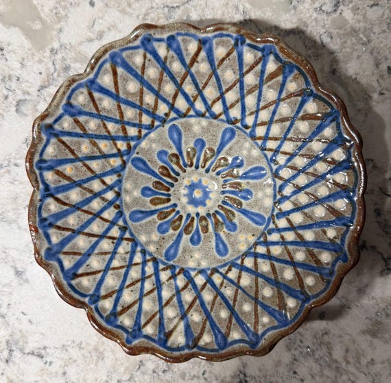Handmade Mexican Pottery Dish – Traditional Blue Peacock Eye Design, 11.5 x 9