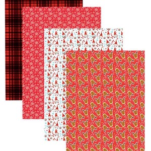 May include: Four sheets of Christmas wrapping paper with festive patterns. Designs include red and black tartan, red snowflakes, gnomes with candy canes, and reindeer on a red striped background. The sheets are layered, showing the variety.