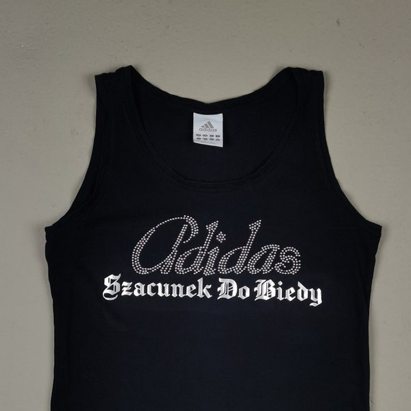 czarny tank top Szacunek Do Biedy Ciemięga vintage unikatowy upcycling Y2K srebrne cyrkonie