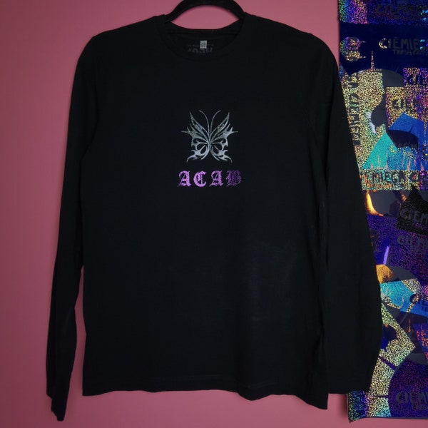 Czarny Longsleeve ACAB Ciemiega Srebrny Motyl Tribal Fioletowy Brokatowy Napis Przylegająca Koszulka Vintage Custom Upcycling Wixapol