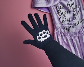 czarne rękawiczki z odblaskowym kastetem Reflective Brass Knuckles Streetwear Gloves  Elastic Fabric  Urban Style Accessory | Unique Design