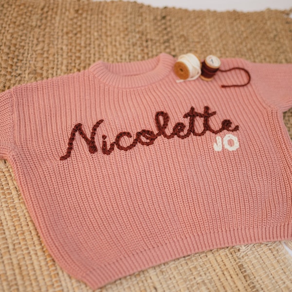 Custom Baby and Toddler First and Middle Name Sweater, Personalized, Hand Embroidered, Milestone Outfit, Baby Shower Gift, Gift for Baby