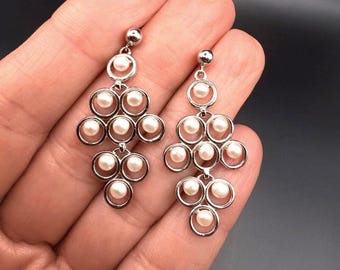 OPシルバー＆パールシャンデリアイヤリングポストダングルドロップ925スターリングシルバー