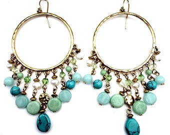 Statement Hoop Chandelier Earrings Freshwater Pearl Faux Turquoise Green Glass