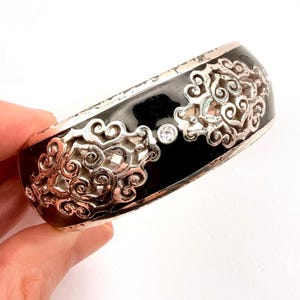BRIGHTON Retired DYNASTY Hinged Bangle Bracelet Silver Crystal Black Enamel 7" image 2