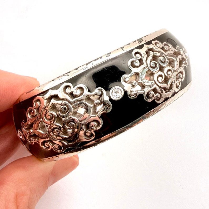 BRIGHTON Retired DYNASTY Hinged Bangle Bracelet Silver Crystal Black Enamel 7" image 2