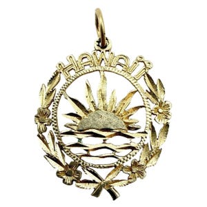 Vintagesignerad 14K guld Hawaii Sunrise Cutout blommig Halo filigranhänge nätt