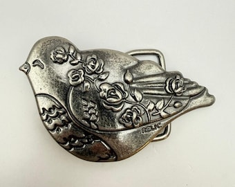 Vintage Signierte RELIC Gürtelschnalle Vogel Taube Blume Geprägte Silber Ton Boho