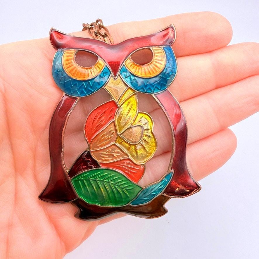 VTG Large Cloisonn&eacute; Owl Statement Pendant Necklace Copper Multicolor Boho 1970s