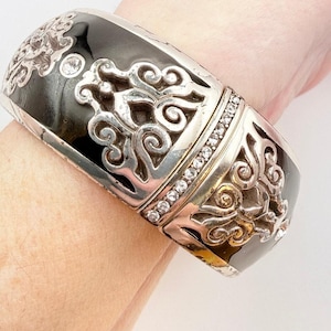 BRIGHTON Retired DYNASTY Hinged Bangle Bracelet Silver Crystal Black Enamel 7" image 5