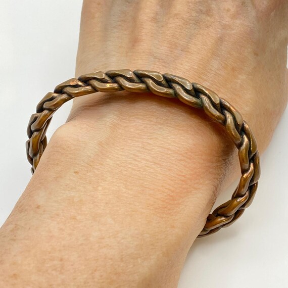 Vintage Signed Solid Copper Cuff Bracelet Braided… - image 3