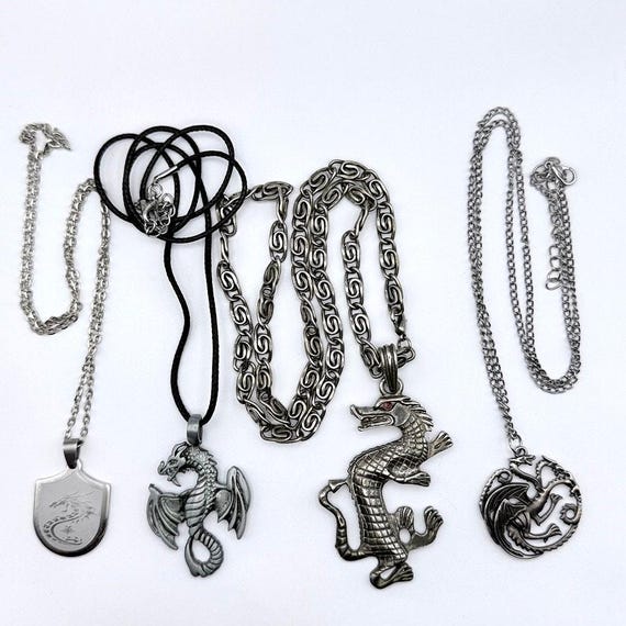 Lot of 4 Dragon Pendant Necklaces Silvertone Pewter Biker Gothic Chinese Shield