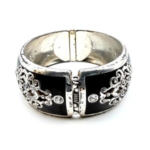 BRIGHTON Retired DYNASTY Hinged Bangle Bracelet Silver Crystal Black Enamel 7" image 6