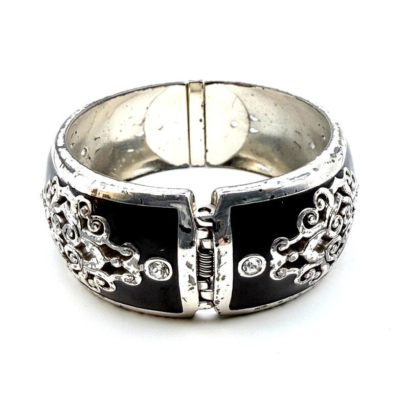 BRIGHTON Retired DYNASTY Hinged Bangle Bracelet Silver Crystal Black Enamel 7" image 6