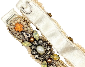 Vintage Bridal Wedding Belt Rhinestone Pearl Gold Silk Sash Hook Closure 27.5"