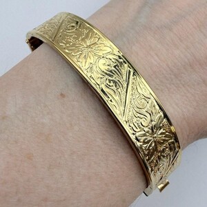 Vintage 10K Rolled Gold Victorian Revival Floral Etched Bangle Bracelet 1950s