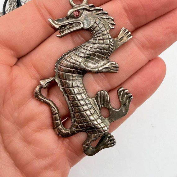 Lot of 4 Dragon Pendant Necklaces Silvertone Pewter Biker Gothic Chinese Shield View 2
