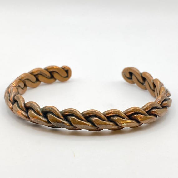 Vintage Signed Solid Copper Cuff Bracelet Braided… - image 2