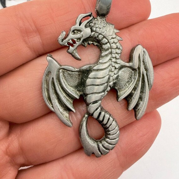 Lot of 4 Dragon Pendant Necklaces Silvertone Pewter Biker Gothic Chinese Shield View 4