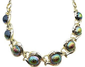 Vintage jaren 1950 goudkleurige iriserende kunst glas cabochon scroll schakelketting MCM