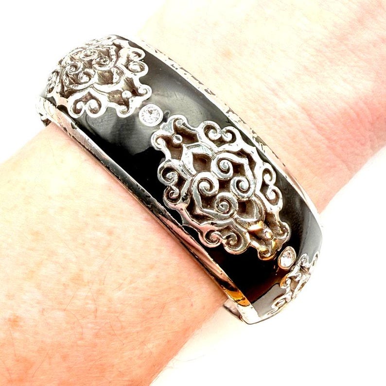 BRIGHTON Retired DYNASTY Hinged Bangle Bracelet Silver Crystal Black Enamel 7" image 1