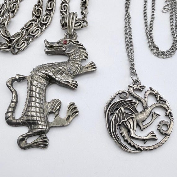 Lot of 4 Dragon Pendant Necklaces Silvertone Pewter Biker Gothic Chinese Shield View 6