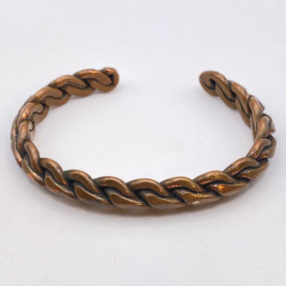 Vintage Signed Solid Copper Cuff Bracelet Braided… - image 1