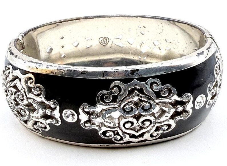 BRIGHTON Retired DYNASTY Hinged Bangle Bracelet Silver Crystal Black Enamel 7" image 3