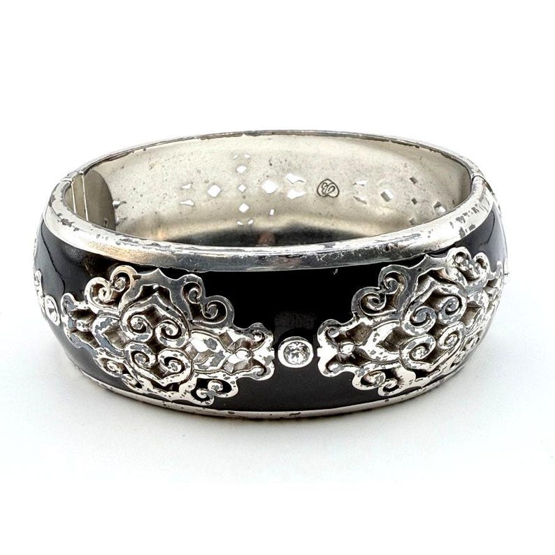 BRIGHTON Retired DYNASTY Hinged Bangle Bracelet Silver Crystal Black Enamel 7" image 4
