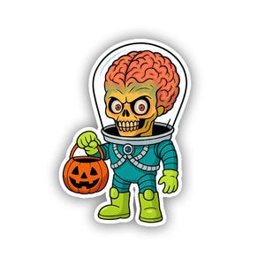 May include: A cartoon sticker of a Martian alien character in a teal spacesuit, holding a jack-o'-lantern bucket. The alien has a large brain, a skull-like face, and is wearing a clear helmet. The sticker is white with a black outline.