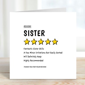 Carte d'anniversaire drôle, carte d'examen drôle de cinq étoiles pour votre soeur, carte d'anniversaire mignonne et effrontée de soeur pour son anniversaire
