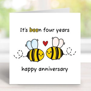 Carte d'anniversaire de 4 ans, jolie carte de bourdon, carte de 4e anniversaire pour femme, mari, partenaire, petit ami, petite amie, ami, couple