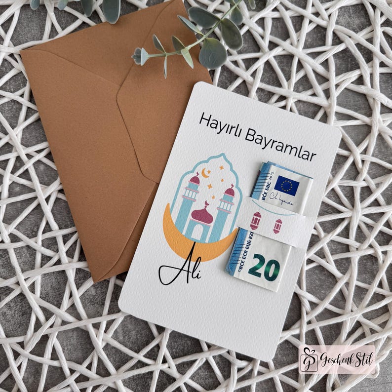 Tarjeta de dinero Bayram personalizada para niños | Idea de regalo de Eid Mubarak | Tarjeta de Ramadán Regalo Kurban Tarjeta de felicitación Hayirli Bayramlar Design 3 (Gelb.Mond)