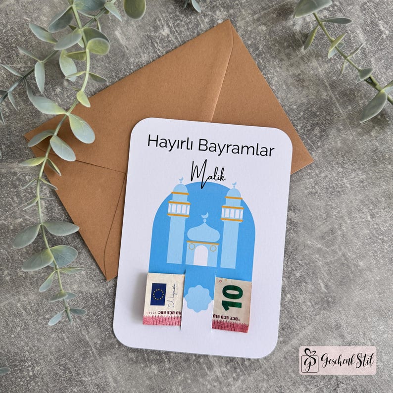 Tarjeta de dinero Bayram personalizada para niños | Idea de regalo de Eid Mubarak | Tarjeta de Ramadán Regalo Kurban Tarjeta de felicitación Hayirli Bayramlar Design 4 (Blau.Mos.)