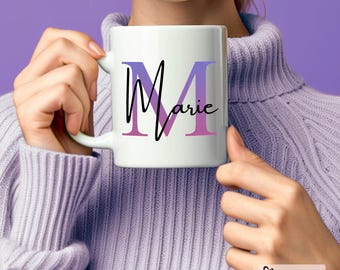 Taza personalizada con inicial y nombre | Taza de cerámica con letra y texto personalizado | Idea de regalo de taza de café para mujeres y hombres | Estilo de regalo