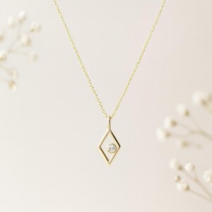 14K Solid Gold Diamond Rhombus Necklace — Minimalist Geometric Pendant, Dainty Layering Gift